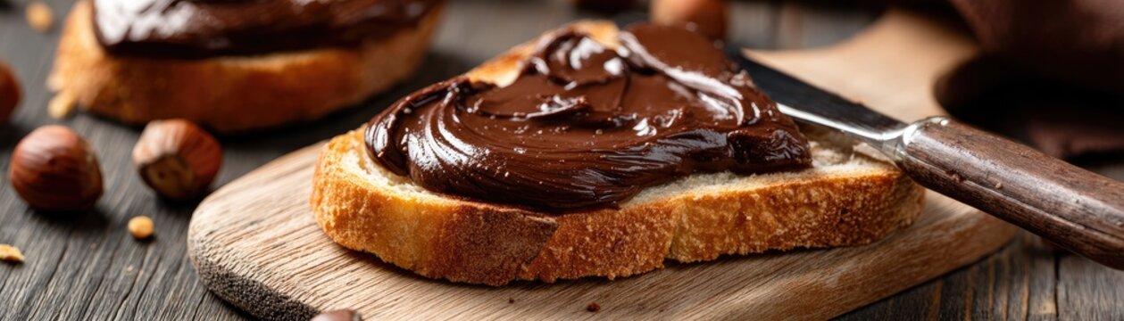 Rich chocolate spread generously covers toasted bread on a wooden board