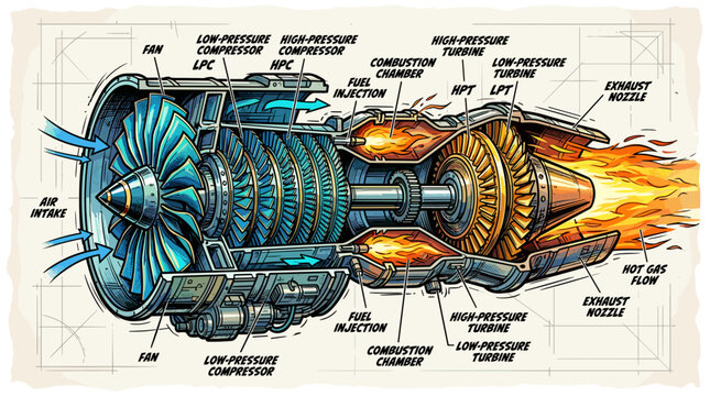 Jet Engine Technical Diagram Illustration.