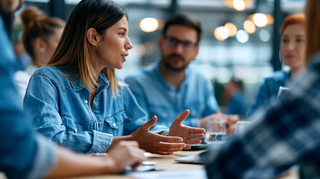 Faceless business team discussing during a modern office meeting, collaborative teamwork and corporate team dynamics with meeting facilitation