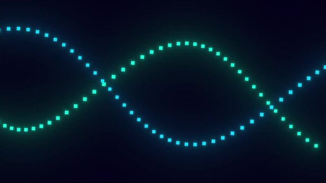 Abstract Wavy Line of Lights: An artistic representation of a wave formed by small, luminous dots in shades of blue and green, conveying a sense of energy and fluidity against a dark background.
