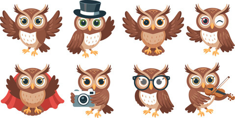 Cute cartoon owl character collection with costumes accessories and funny expressions vector illustration set © Jahangir