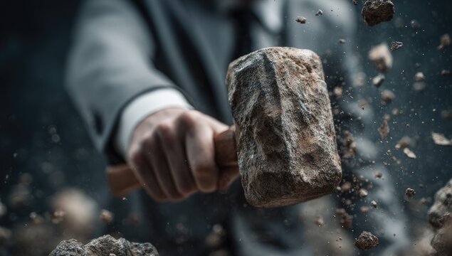 Mans Hand Crushing Stone with Sledgehammer Symbolizing Destruction and Force.