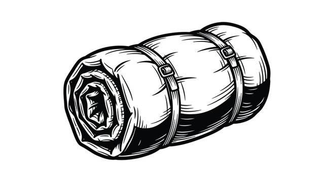 A hand-drawn illustration of a rolled-up sleeping bag or bedroll secured with two straps, depicted in a vintage sketch style.