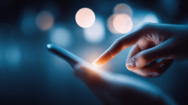 Close-up of a hand touching a smartphone screen with a blurred bokeh background.
