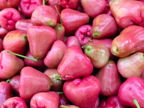Close-up of fresh pink rose apples displayed in a vibrant local fruit market. These are also known as water apples or wax apples. 