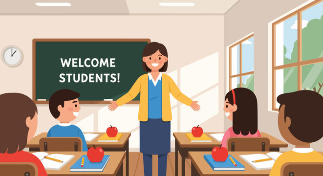 Welcome Students Back to School Classroom Scene.