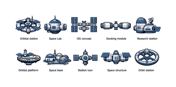Collection of futuristic space stations and orbital structures for science and exploration