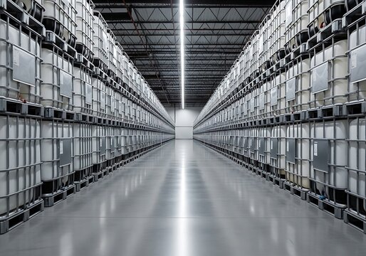 Rows of large plastic storage containers stacked on metal shelves in a modern industrial warehouse. ibc container