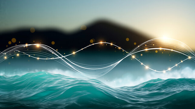 Abstract glowing light wave over ocean surface at sunset with abstract, particle