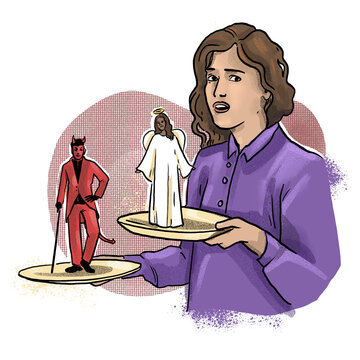 Woman choosing between good and evil moral dilemma illustration