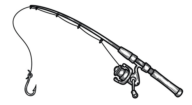 Detailed black and white sketch illustration of a fishing rod with a reel and a hook, ready for angling.