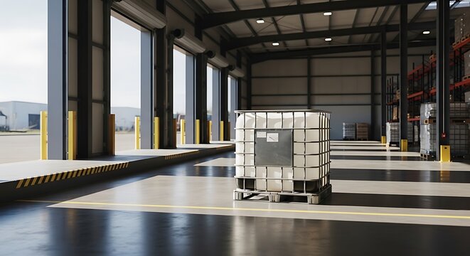 Large plastic liquid storage container on a wooden pallet inside a modern industrial warehouse. ibc container