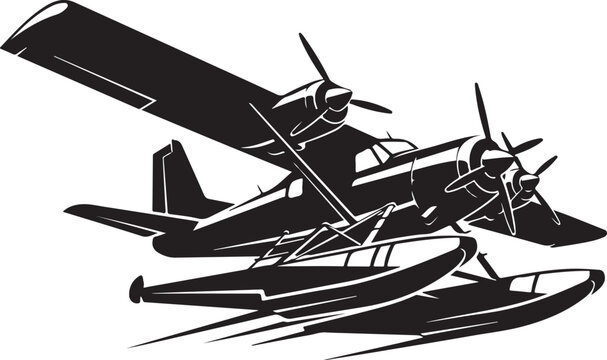 Black and white seaplane vector, floatplane illustration, aircraft icon, transportation symbol
