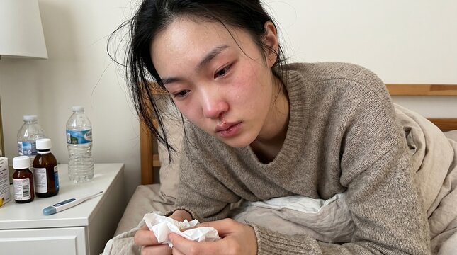A woman with a feverish, flushed face and watery eyes sits in bed, holding a crumpled tissue. Medicine bottles and a thermometer sit on the nightstand, conveying a sense of misery.
