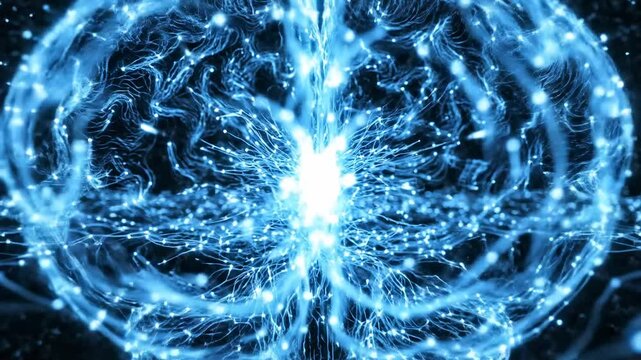 Visualize the intricate network of glowing neural pathways within a luminous blue human brain, depicting the complex electrical activity and the interconnectedness of cognitive processes