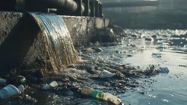 Industrial waste pouring from a pipe into a contaminated pond near a factory, illustrating environmental damage.