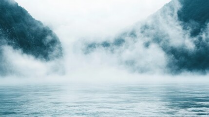 Obraz premium Misty river flows through fog-shrouded mountains, creating a soft atmospheric landscape of tranquil nature and serene water.