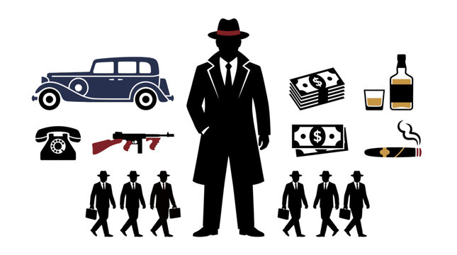 Gangster Icons: Mob Boss, Car, Money, Gun, Cigar