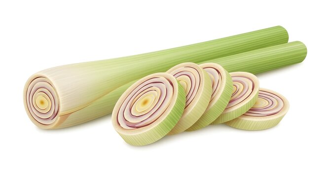 Fresh Lemongrass Stalks with Sliced Aromatic Pieces Isolated on White Background for Herbal Cooking Ingredient