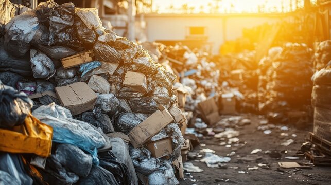Massive pile of discarded waste and packaging in an abandoned factory, bathed in bright midday sunlight
