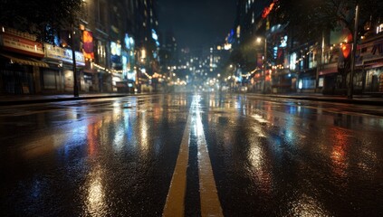 Fototapeta premium Rainy Night City Street Reflections with Neon Lights.