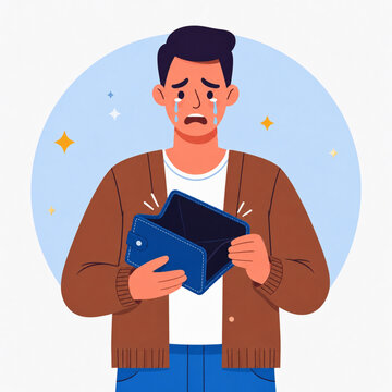 Flat vector illustration of sad young man crying while holding empty open wallet, financial crisis broke and bankruptcy concept for personal finance or money problem article, blue circle background