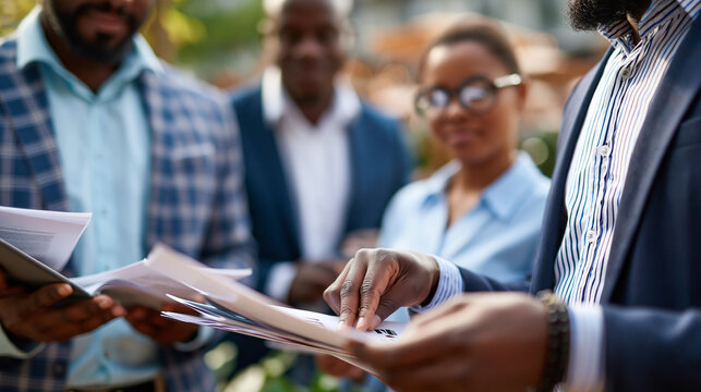 Diverse faceless colleagues review business documents outdoors during a cross functional team collaboration meeting with flexible work culture