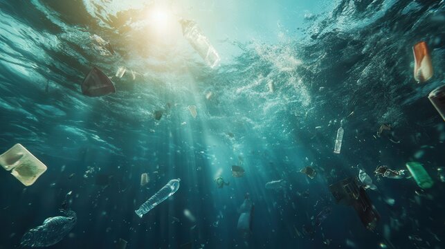 Plastic waste pollutes the expansive ocean currents, illuminated by ethereal sunlight filtering through the water, highlighting a global environmental crisis.