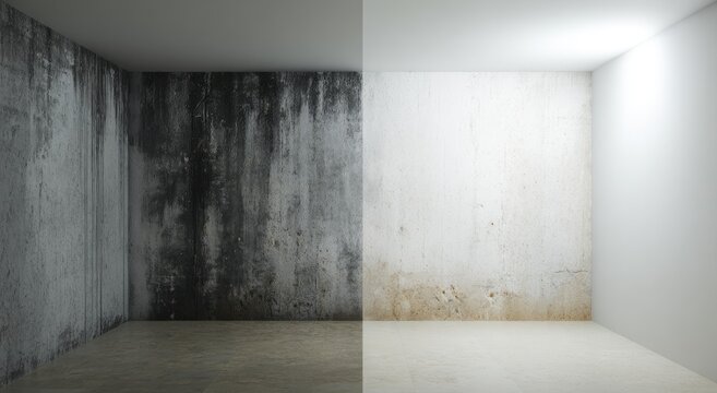 Stark contrast dilapidated, stained wall meets pristine, bright white renovation
