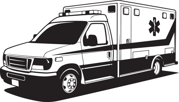 Black and white ambulance vector, emergency medical services icon, isolated vehicle illustration, monochrome transport symbol