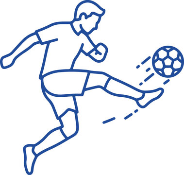 Blue line icon of professional fifa soccer player kicking ball for football school academy and sports betting app