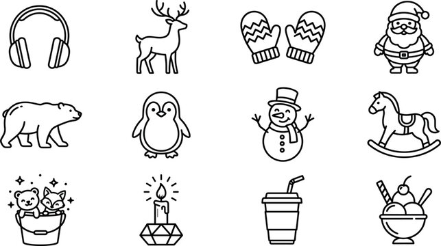 Set of winter and holiday icons including Santa, snowman, penguin, headphones, and festive drinksSet of winter and holiday icons including Santa, snowman, penguin, headphones, and festive drinks