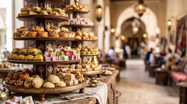 Traditional middle eastern desserts arranged on tiered stands for celebration