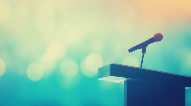 Modern podium with microphone for public speaking and business presentations with soft lighting