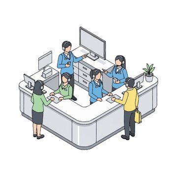 Customer service representatives assisting clients at a reception desk.