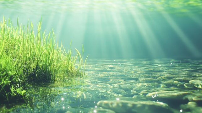 Sunlight streams into a clear riverbed with pebbles and lush green aquatic plants