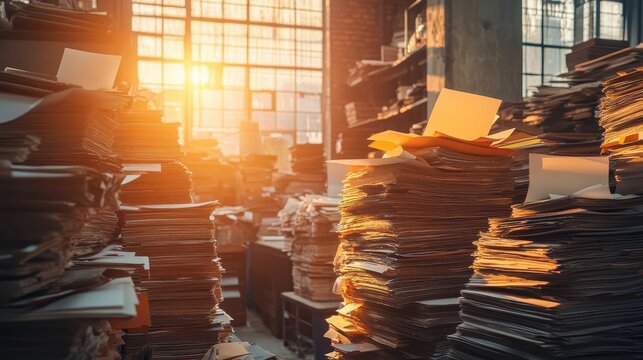 Sunlit Industrial Workspace Filled with Stacks of Paper Organized for Printing Production Processes