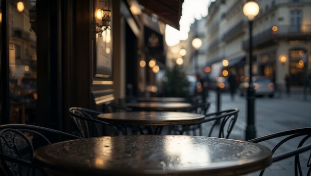 Outdoor Parisian caf&eacute; table background with blurred historic street lights, creating a warm and romantic European evening atmosphere