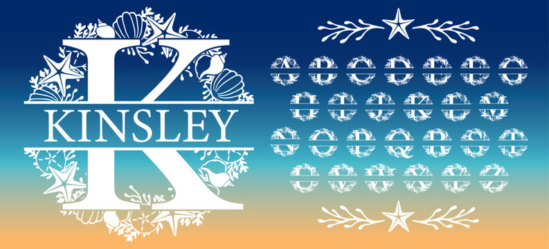 Beach themed split alphabet monogram. Hand drawn ocean elements arrayed in a circle with a capital letter and space to place your text
