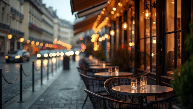Outdoor Parisian caf&eacute; table background with blurred historic street lights, creating a warm and romantic European evening atmosphere