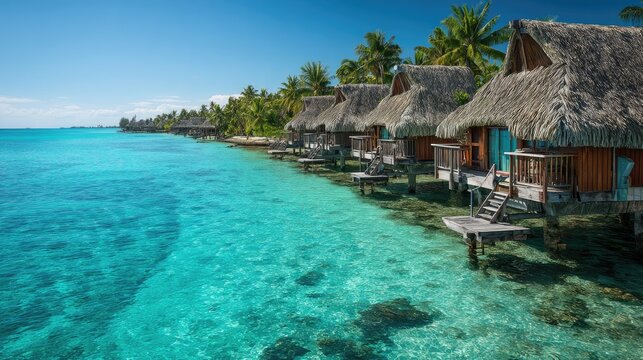 Tropical bungalows on stilts over crystal-clear turquoise water, lush palms above