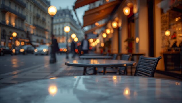 Outdoor Parisian caf&eacute; table background with blurred historic street lights, creating a warm and romantic European evening atmosphere