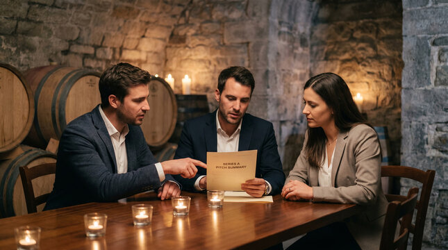 Candlelit investor dinner in a private wine cellar, two founders and a lead Series A partner reviewing a pitch summary one-pager by the glow 2