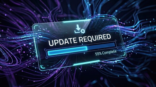Digital interface displaying a software update required status with a loading progress bar glowing against abstract blue and purple lines