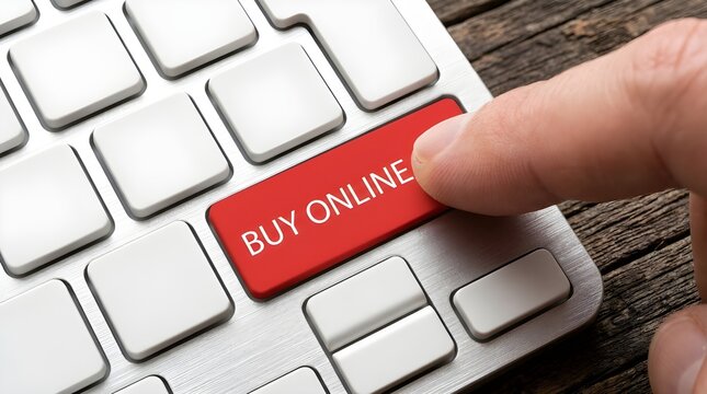 Close up photo of a human finger pressing the bright red buy online button on a modern silver computer keyboard