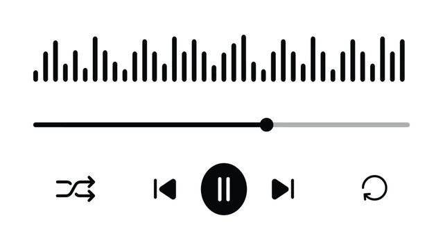 Audio player controls and sound wave visualizer interface on white background