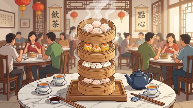 Traditional Chinese dim sum restaurant interior, a vibrant scene of people enjoying authentic Cantonese cuisine, stacked bamboo steamers filled with various steamed dumplings