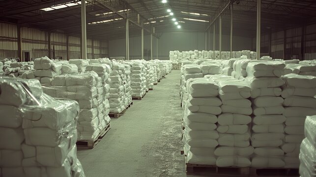 Vast warehouse filled with stacked pallets of unsold goods, illustrating overproduction and consumerism