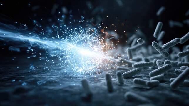 Microscopic organisms blasted by brilliant blue energy beam