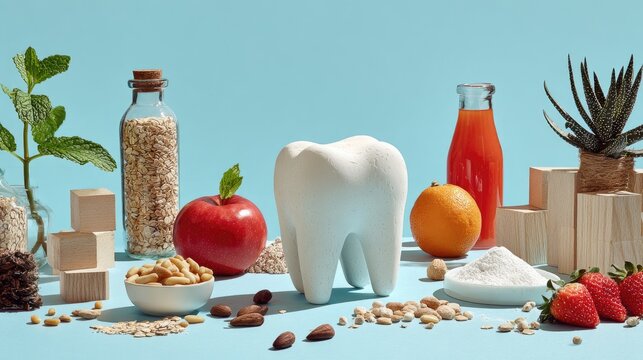 Dental health elements tooth, fruits, grains, nuts, drink on blue